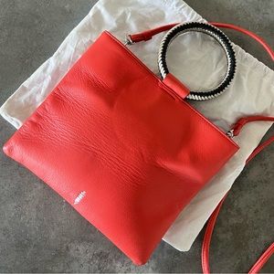 Thacker Le Pouch in Coral Leather with Woven Handles